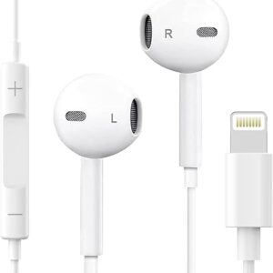 Lightning Connector Earphones with Volume Control, White Wired Earphones with Powerful HD Mic for Clear Sound, in-Line Volume Controller & Noise Cancellation All iPhone - All iOS