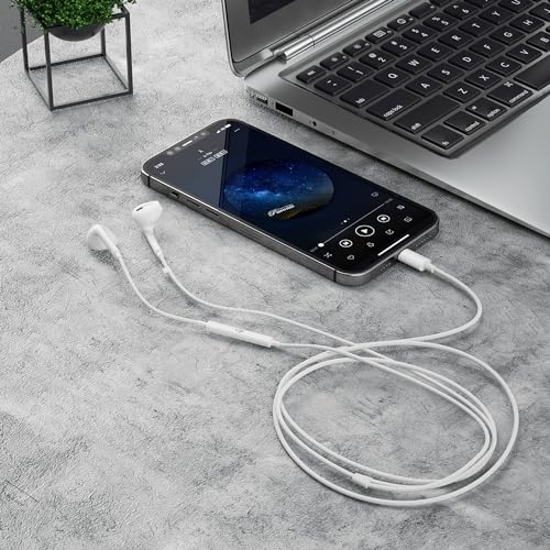 Lightning Connector Earphones with Volume Control, White Wired Earphones with Powerful HD Mic for Clear Sound, in-Line Volume Controller & Noise Cancellation All iPhone - All iOS